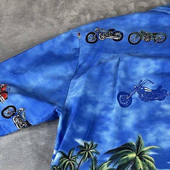 Vintage KY's Hawaiian Shirt Men's L‎ Motorcycle Ocean Mountain Beach Hut Scene - Picture 10 of 15